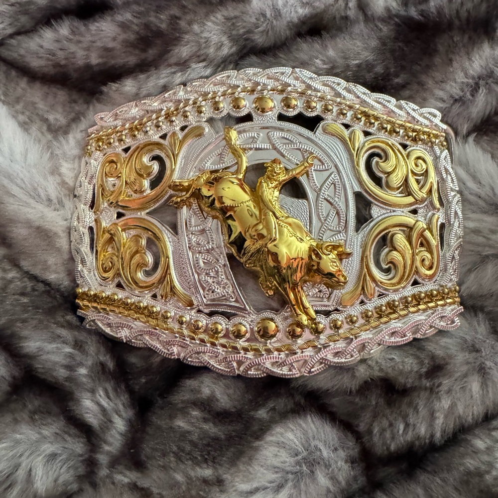 Gold and Silver Bull Rider Belt Buckle